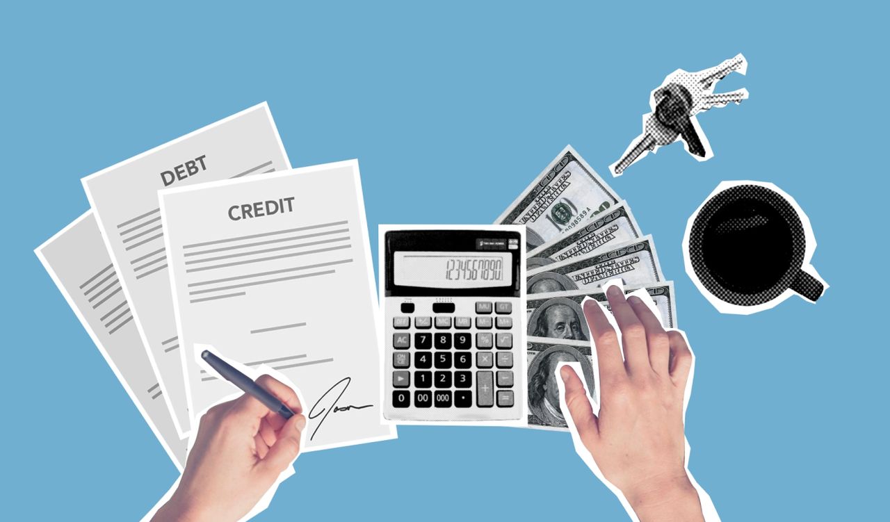 gallery-6 Top view of cutout paper composition of male signing credit paper while counting cash and apartment cost against blue background